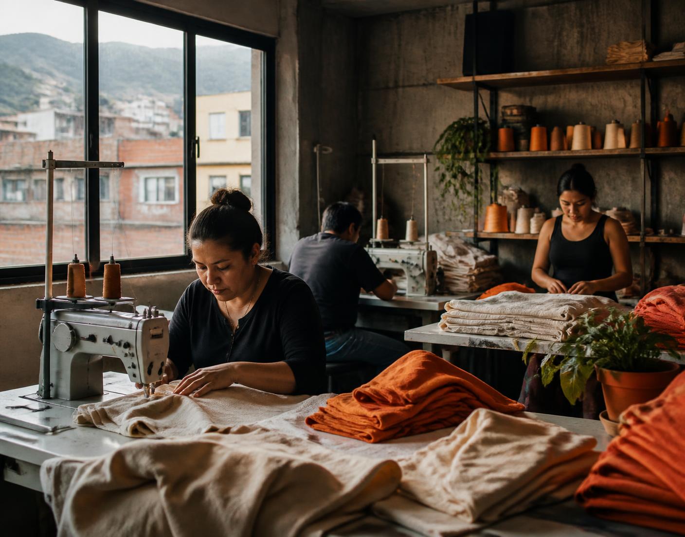 Taller de confección MP7 en Bogotá con máquinas de coser y prendas en proceso